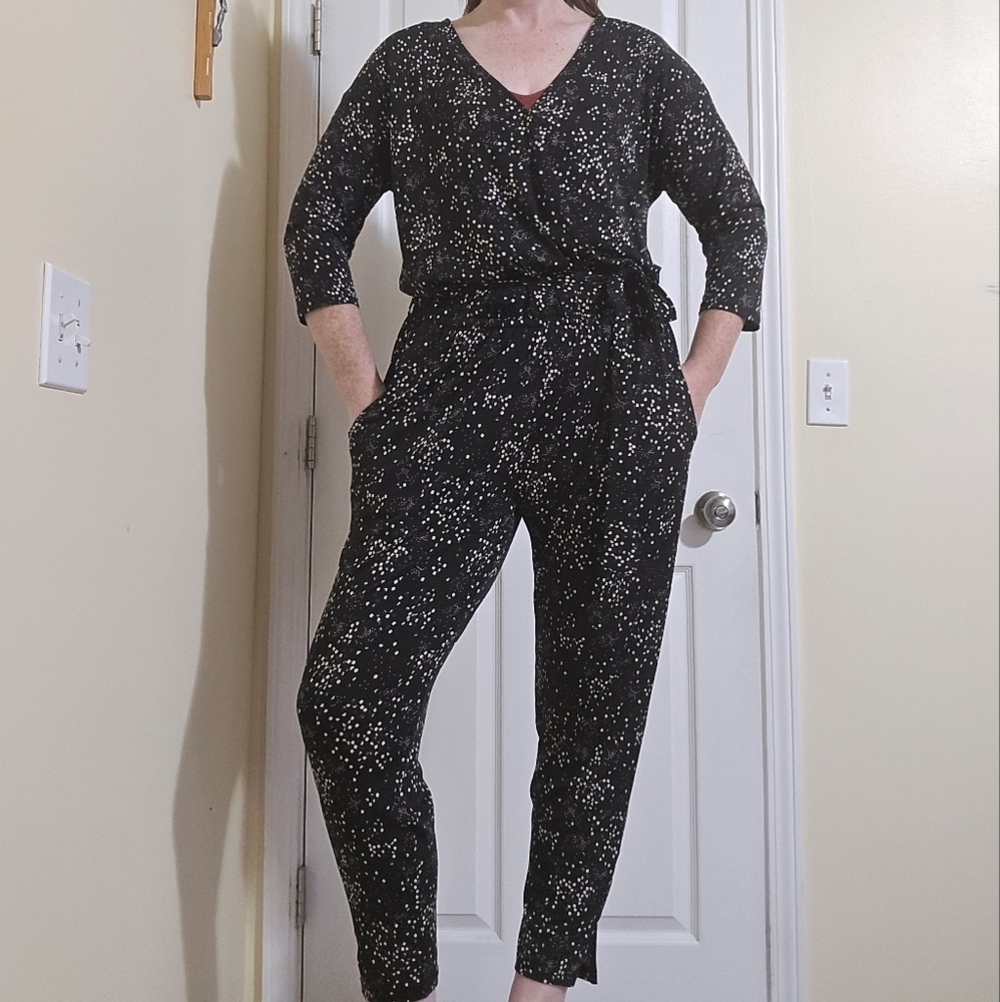 Allison Joy Black and White Speckled Stretch Tie Waist Jumpsuit Medium